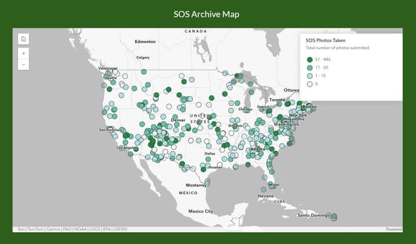 An image of the United States with different shades of green dots over National Parks. The different shades indicate the number of photos submitted to the SOS Archive.